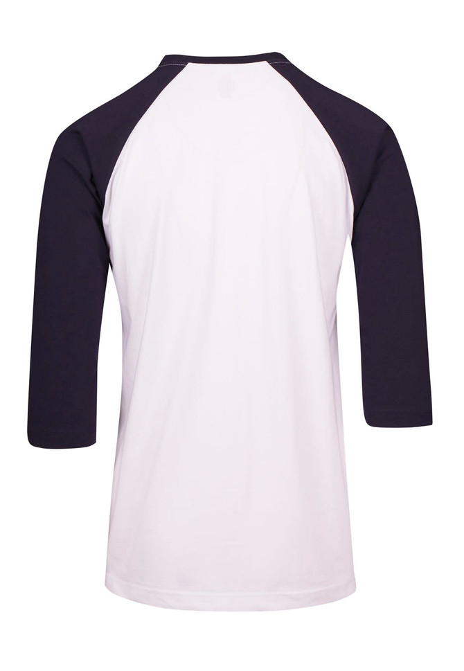 A unisex 3/4 sleeve raglan t-shirt featuring white fabric with navy blue sleeves and a logo.