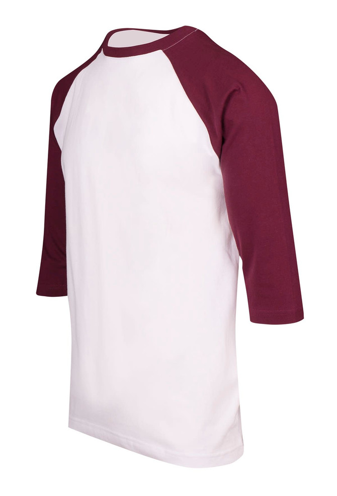 Men's/unisex 3/4 sleeve raglan T-shirt in white with maroon sleeves. Features a logo on the sleeve.