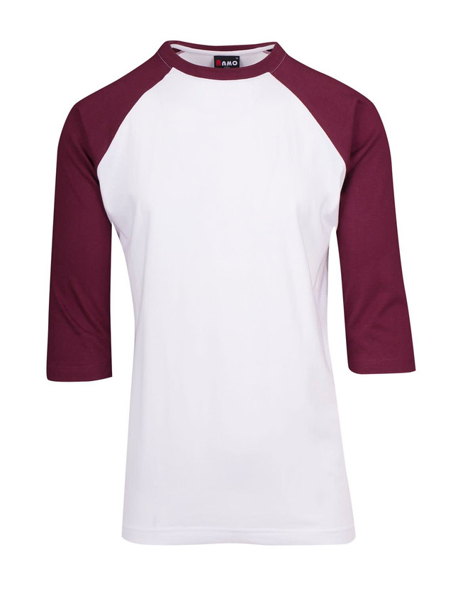 A white 3/4 sleeve raglan T-shirt with maroon sleeves, featuring a logo on the collar.