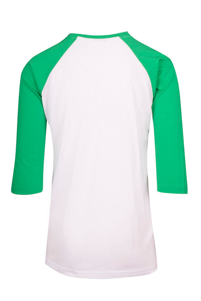 A 3/4 sleeve raglan T-shirt featuring a white body and green sleeves. The shirt has a logo on the back.