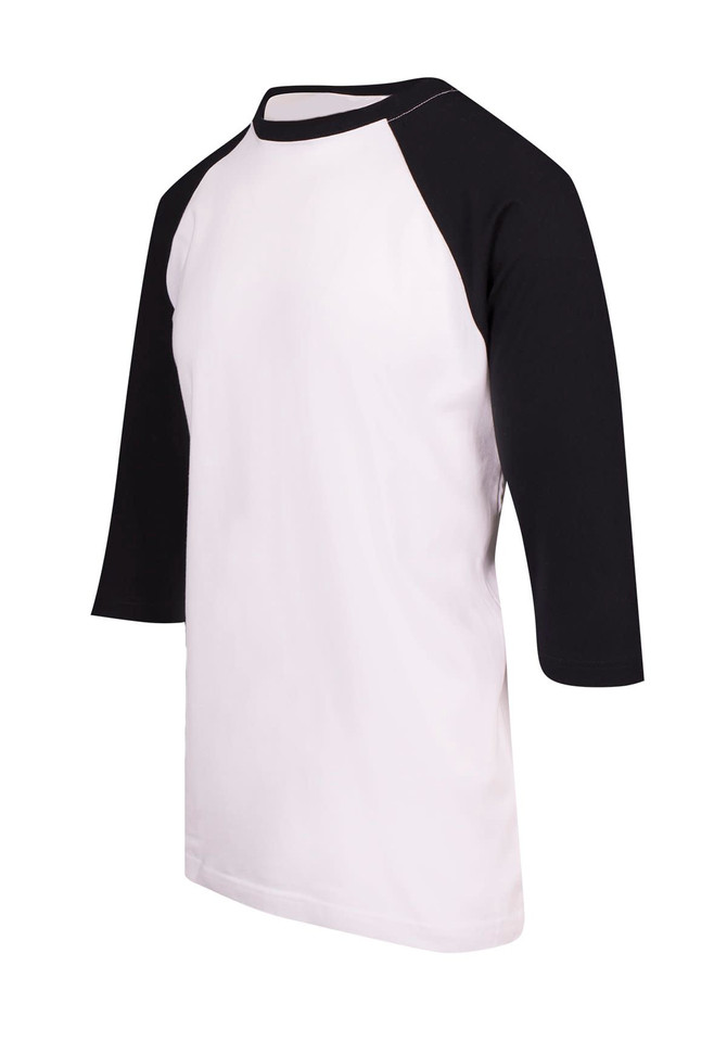 A 3/4 sleeve raglan T-shirt featuring a white body and black sleeves, with a logo on the shirt.
