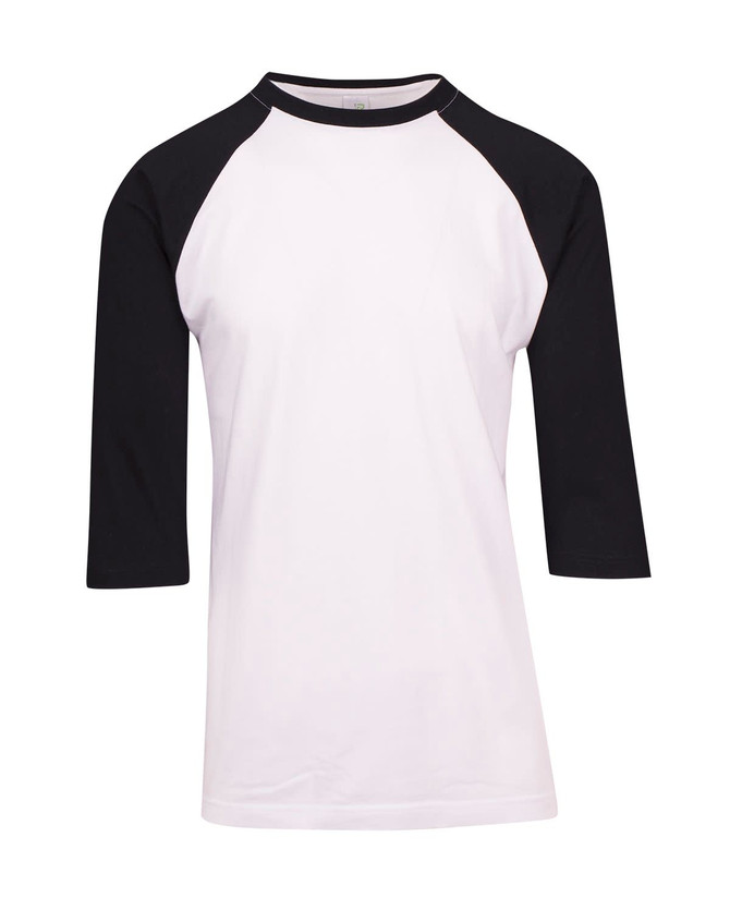 A unisex 3/4 sleeve raglan T-shirt featuring a white body and black sleeves, with a logo present.