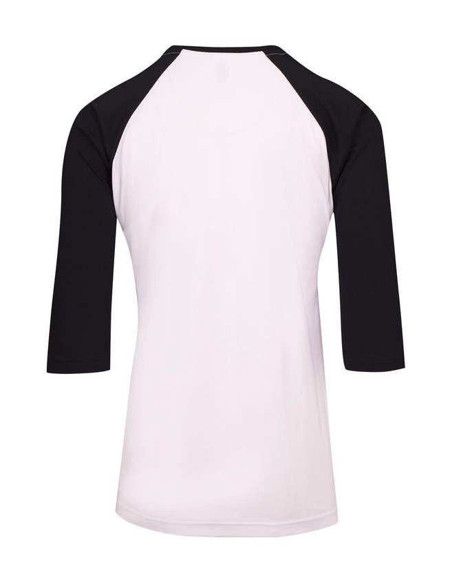 A unisex 3/4 sleeve raglan t-shirt featuring black sleeves and a white body, designed with a logo.