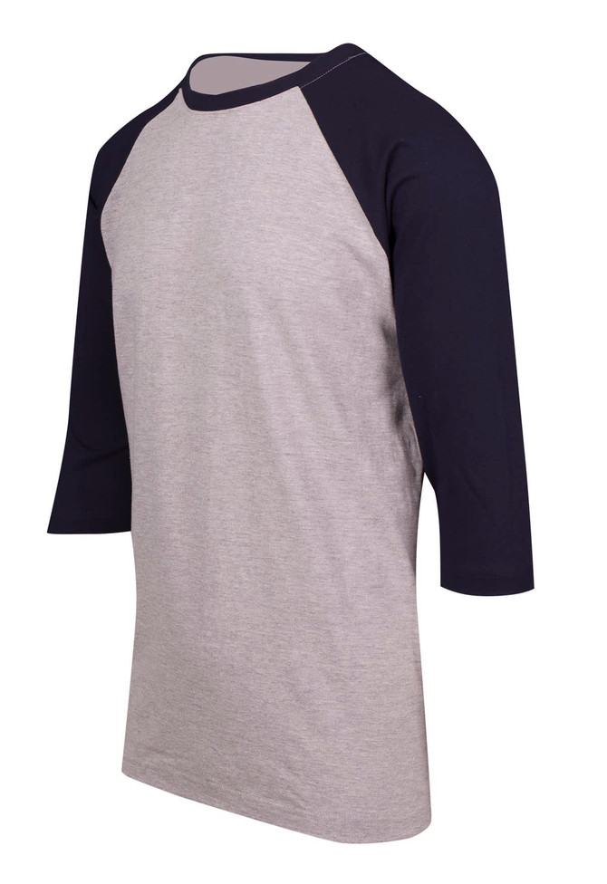 A grey and navy unisex 3/4 sleeve raglan T-shirt with a round neckline and a logo on the chest.