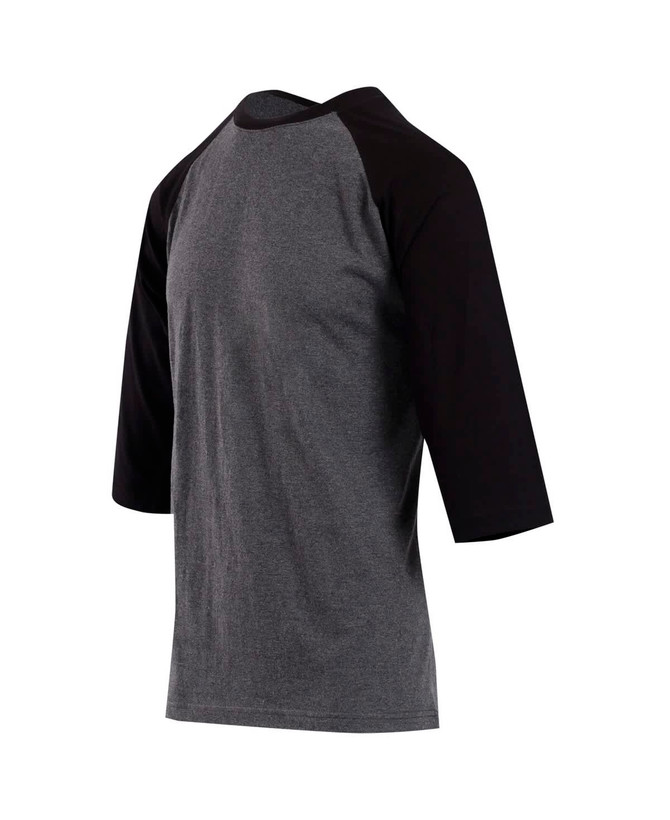 A grey 3/4 sleeve raglan T-shirt with black sleeves, featuring a simple design and a logo on the back.