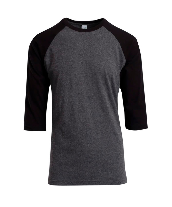 A grey and black 3/4 sleeve raglan T-shirt featuring a logo. Suitable for men and unisex wear.