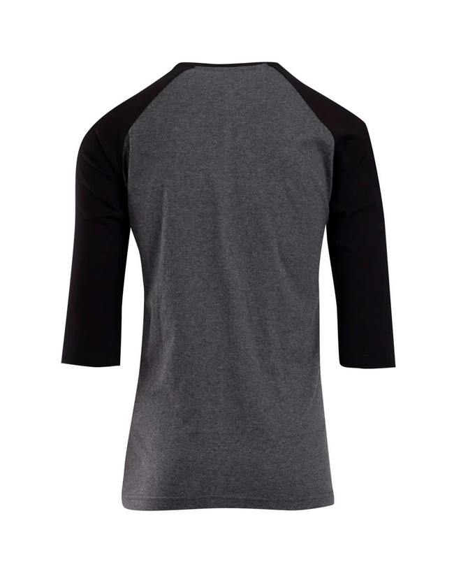 A black and grey men's/unisex 3/4 sleeve raglan T-shirt with a simple design and a logo on the back.