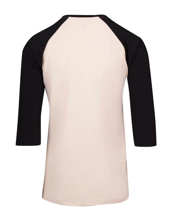 A unisex 3/4 sleeve raglan T-shirt featuring a cream body and black sleeves, with a logo on the back.