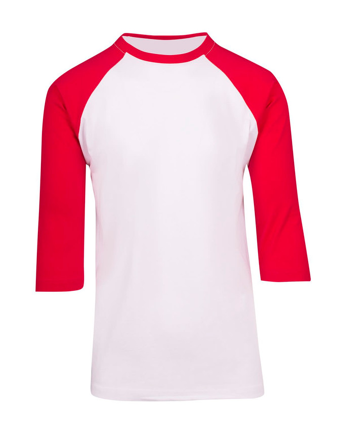 A unisex 3/4 sleeve raglan T-shirt in white with red sleeves. It features a plain design and has a logo.