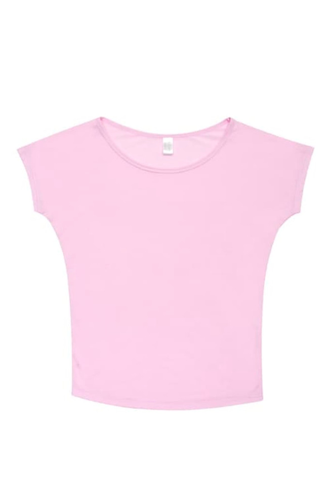 A light pink women's bat wing T-shirt with a wide neckline and short sleeves. It features a logo on the label.