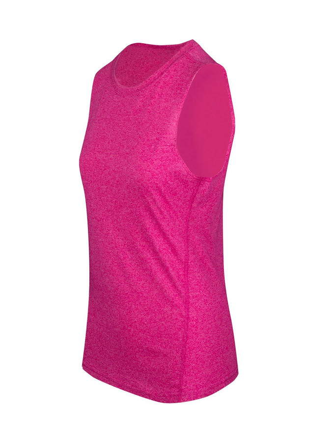 A sleeveless women's tee from the Greatness Range in bright pink, featuring a fitted design and subtle texture.