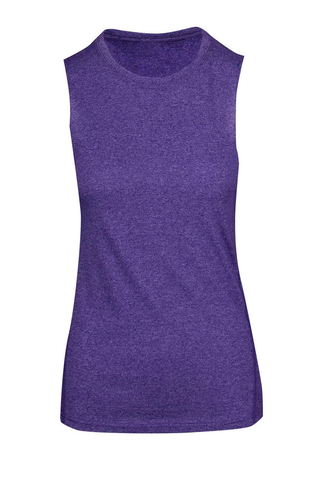 A sleeveless women's tee in a heathered purple shade, featuring a simple design and a logo.