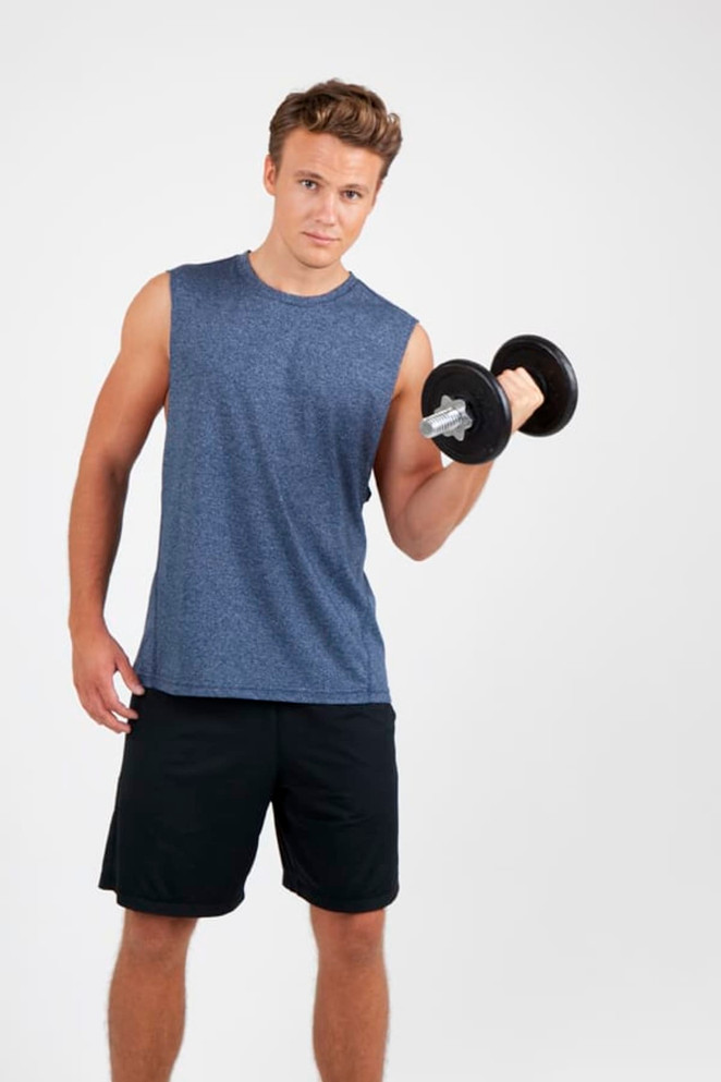 A sleeveless blue heather tee, modelled by a man holding a dumbbell, paired with black shorts. The shirt features a logo.