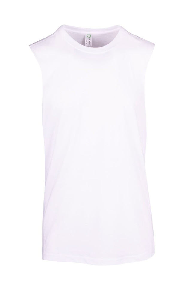 A white sleeveless tee from the Greatness Range, featuring a simple design and a logo.