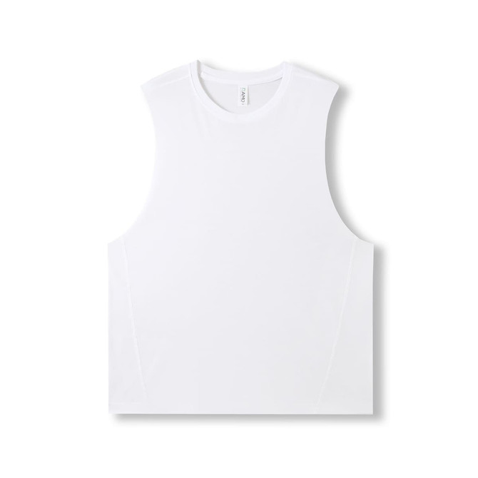 A white sleeveless tee from the Greatness Range, featuring a simple design and a logo.