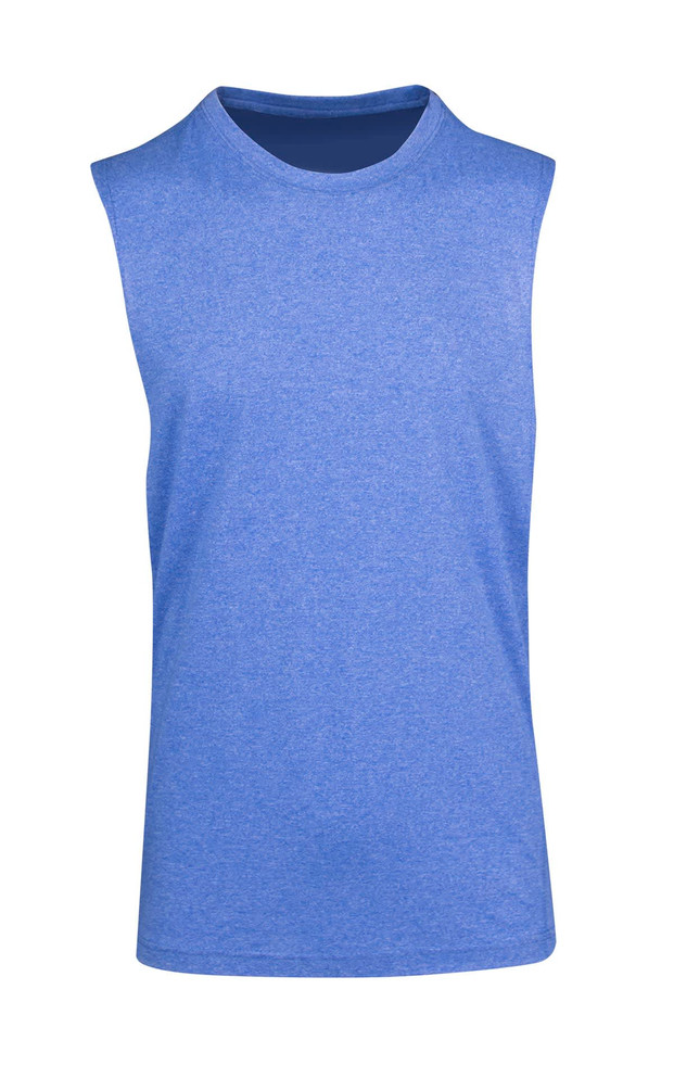 A blue sleeveless tee from the Greatness Range, featuring a classic crew neckline and an unbranded design.