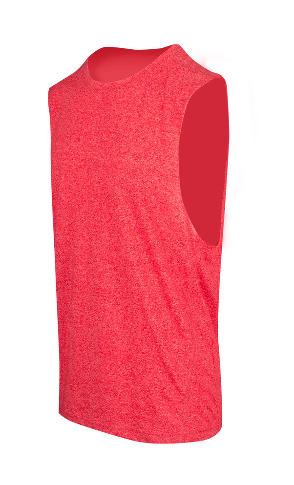 A red sleeveless tee from the Greatness Range, featuring a relaxed fit and a logo on the front.