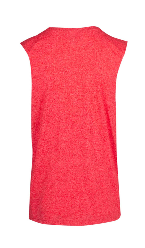 A sleeveless red heather tee shirt, featuring a back view with a simple design and branding.