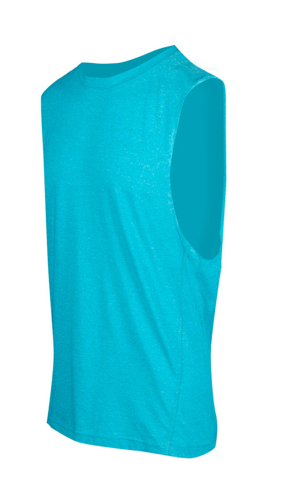 A light blue sleeveless tee from the Greatness Range, featuring a relaxed fit. It has a logo on the fabric.