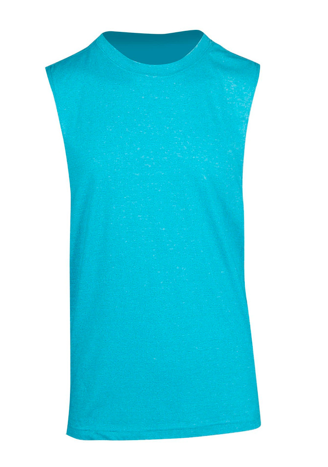 A sleeveless tee in a vibrant blue hue, featuring a smooth texture and a simple design. It has a branding logo.