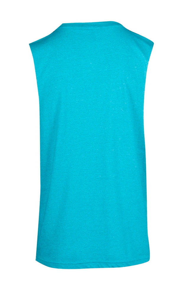 A sleeveless tee in a vibrant turquoise hue, featuring a simple design and a logo on the back.