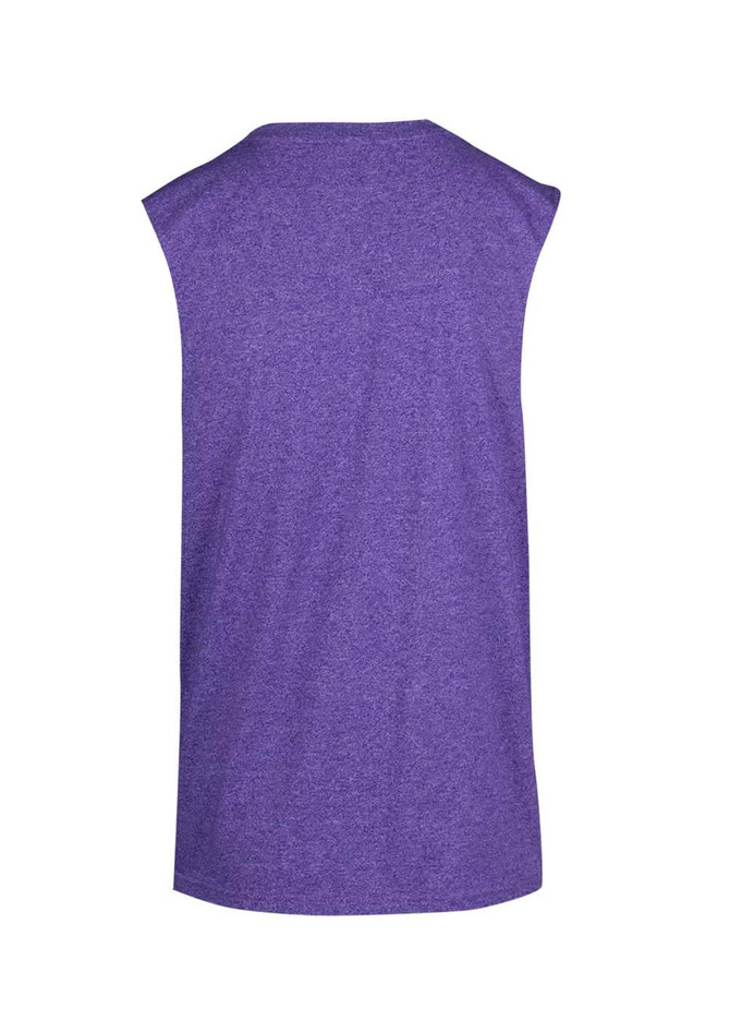A purple sleeveless tee from the Greatness Range, featuring a simple design and a logo.