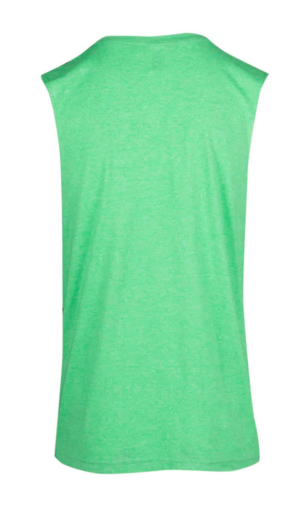 A sleeveless tee in bright green from the Greatness Range, featuring a simple design and a branding logo.