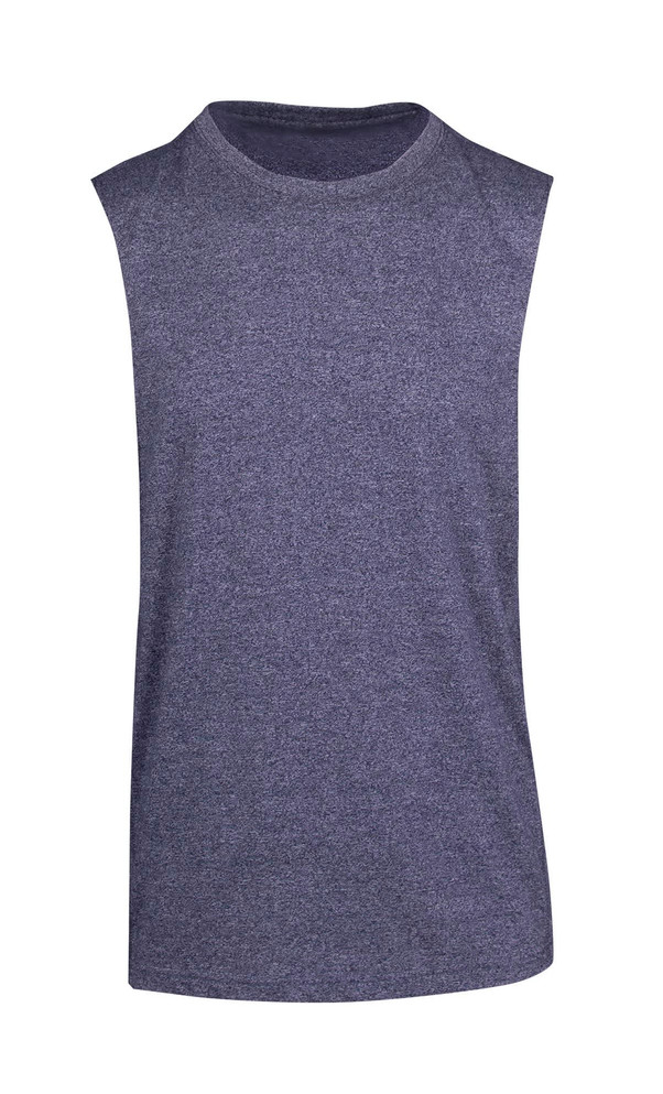 A sleeveless tee in heather grey, featuring a simple design and a logo. Ideal for casual wear.