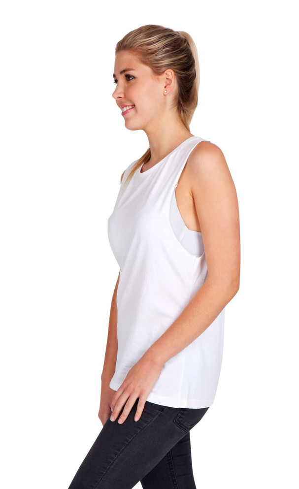 A white women's combed cotton tank top displayed on a model, featuring a simple design and a relaxed fit.