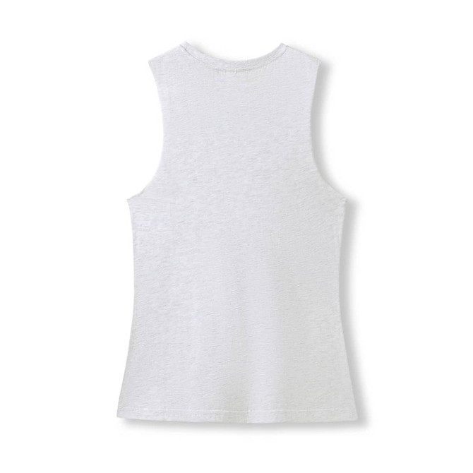 A women's grey combed cotton tank top featuring a scoop back and no sleeves. The garment has a logo.