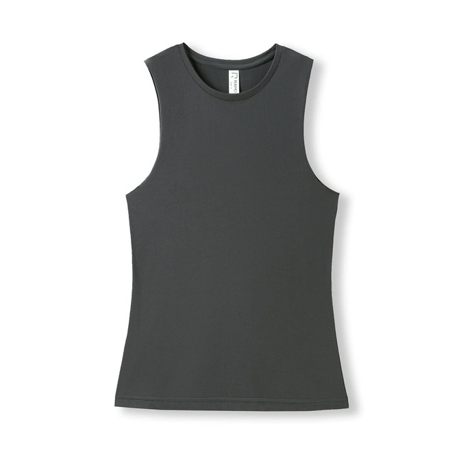 A women's tank top in dark grey, featuring a sleeveless design and a subtle logo.