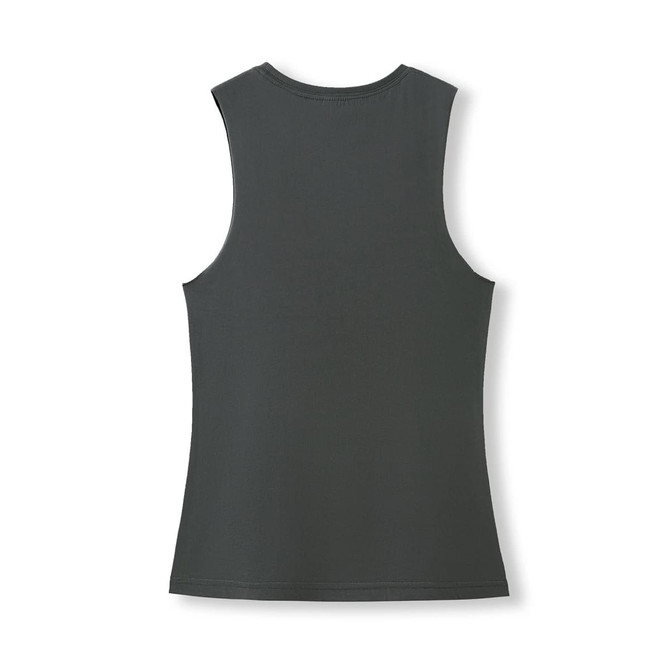 A women's combed cotton tank in dark grey, featuring a simple design and no sleeves. It has a logo on the back.