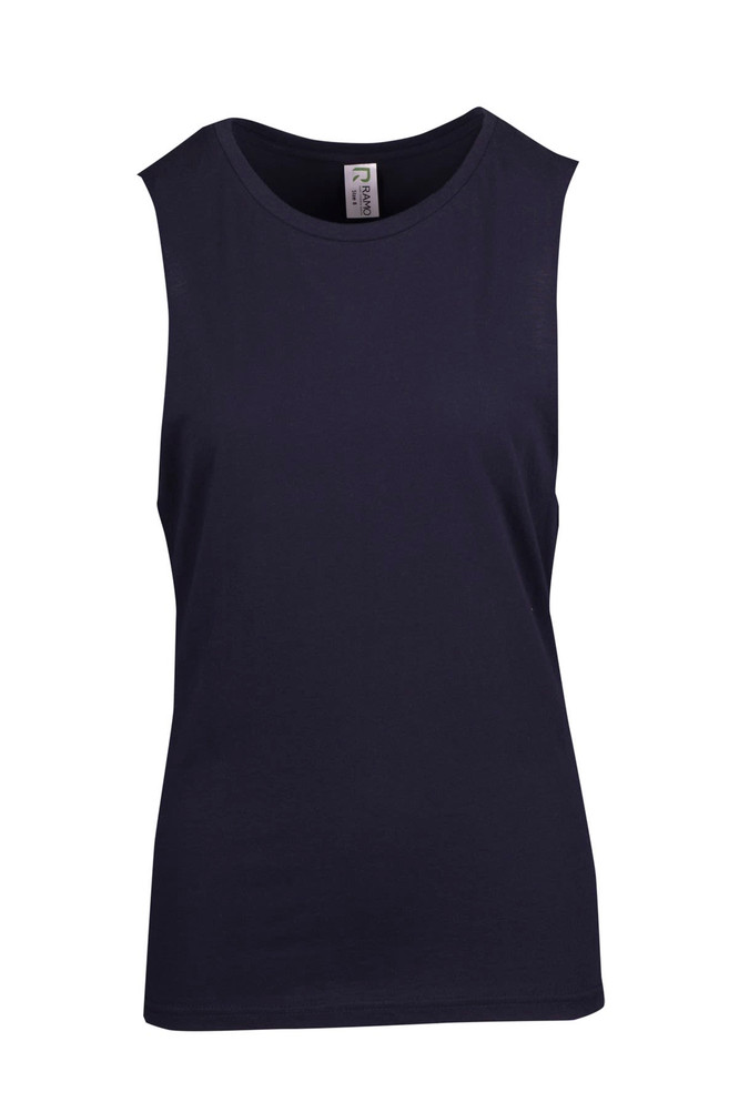 A women's tank top in navy with a sleeveless design. It features a logo on the label.