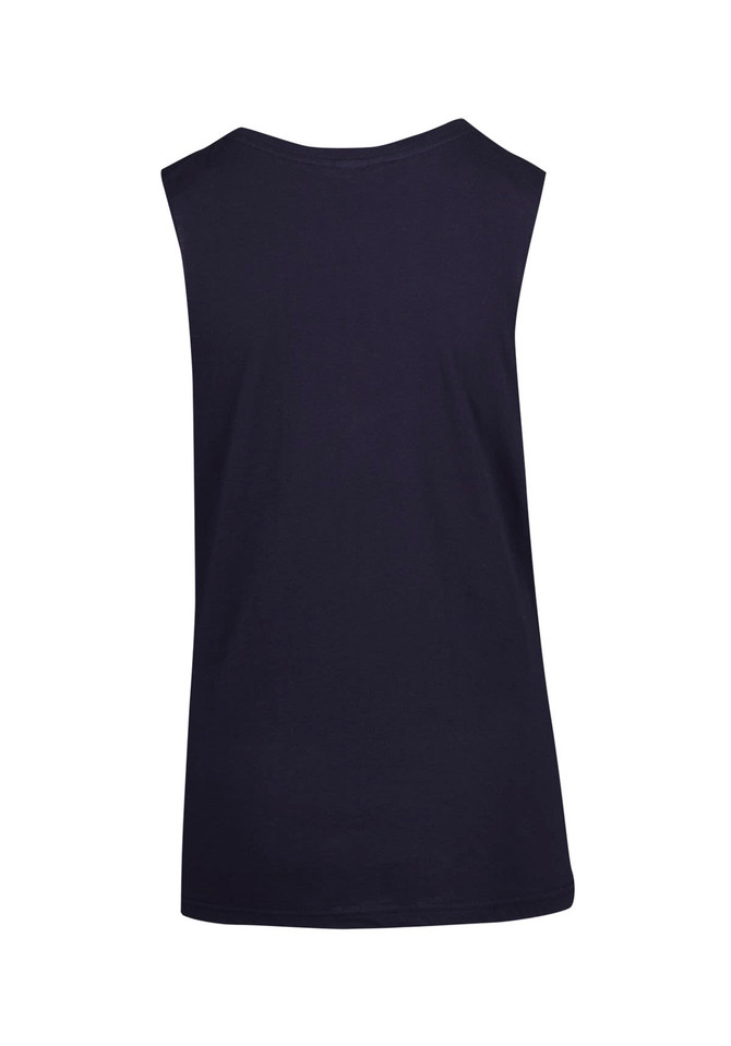 A navy women's combed cotton tank top with a relaxed fit and no sleeves. Features a logo on the back.