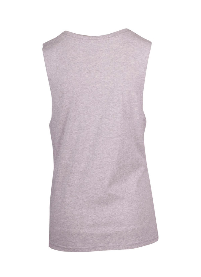 A grey women's combed cotton tank top with a sleeveless design and a plain back, featuring a logo.