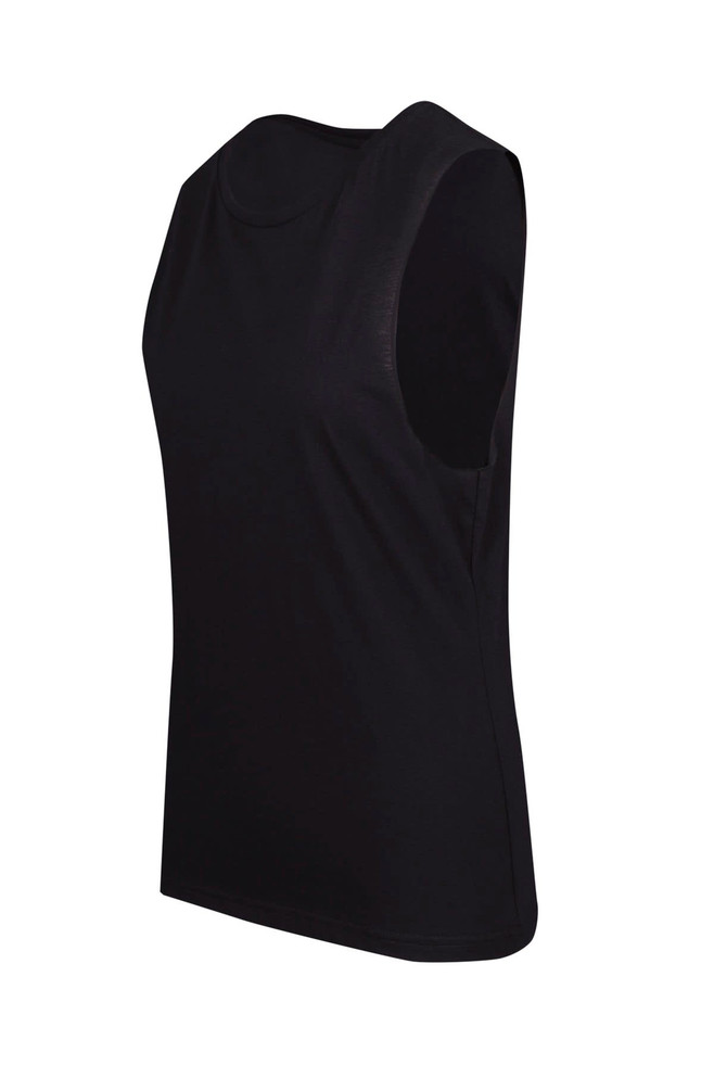 A women's black combed cotton tank top with a sleeveless design, featuring a simple structure and a logo.