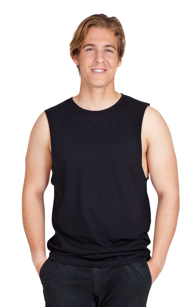 A sleeveless black combed cotton tank top on a male model, featuring a casual fit and simple design.
