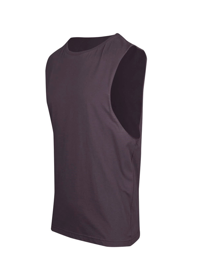 A men's unisex combed cotton tank in black, featuring a simple design and sleeveless style. It has a logo on it.