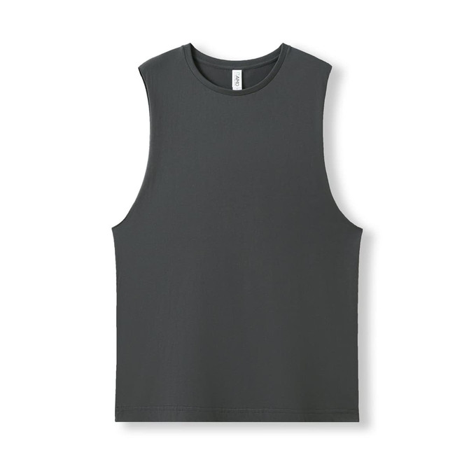 A grey combed cotton tank top with a sleeveless design and a small logo present.