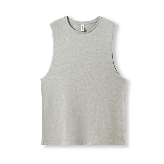A grey unisex combed cotton tank top with a sleeveless design, featuring a logo.