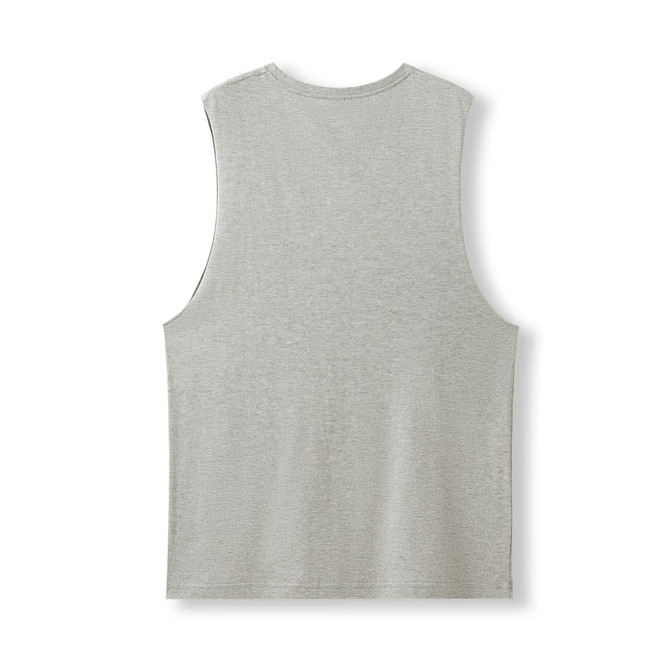 A grey unisex combed cotton tank top with a simple sleeveless design and a logo on the back.