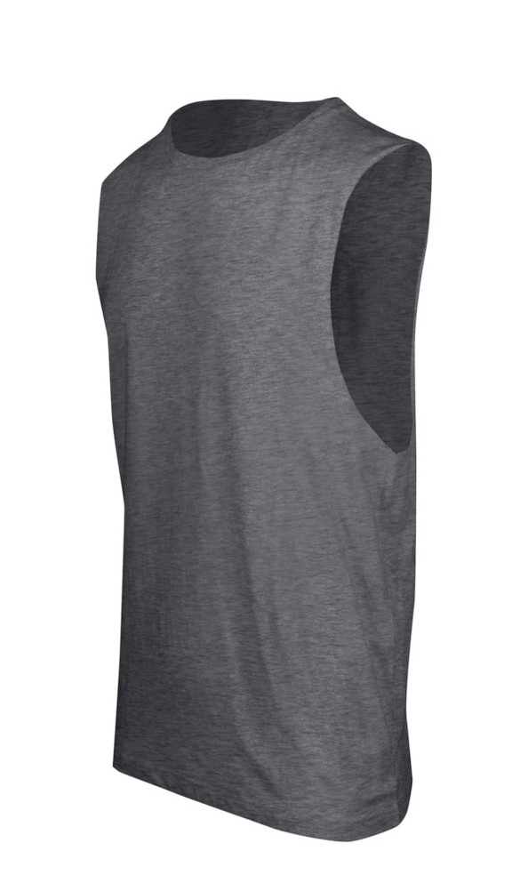 A grey unisex combed cotton tank top with a sleeveless design and a simple, relaxed fit. It has a logo on it.