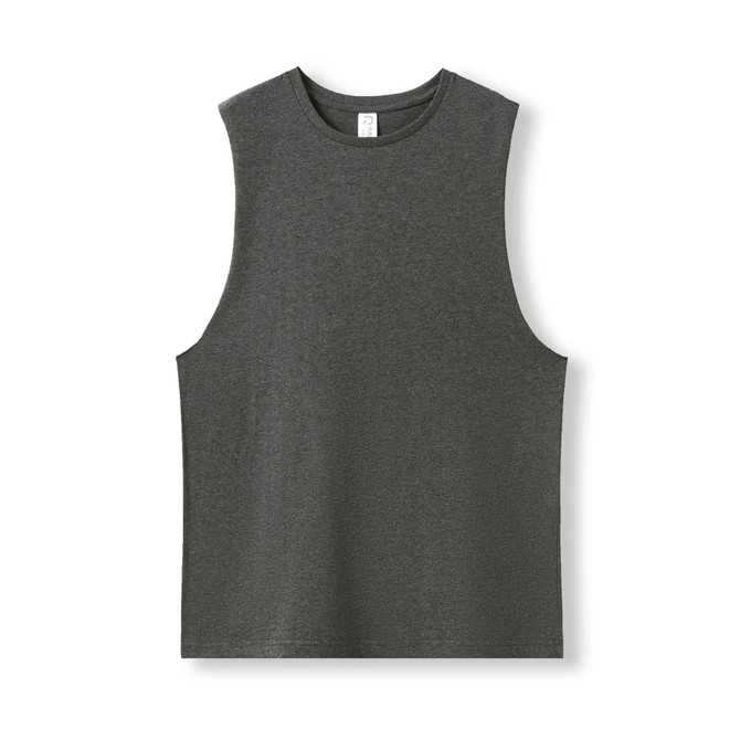 A grey combed cotton tank top with a sleeveless design and a label inside. It features a logo.