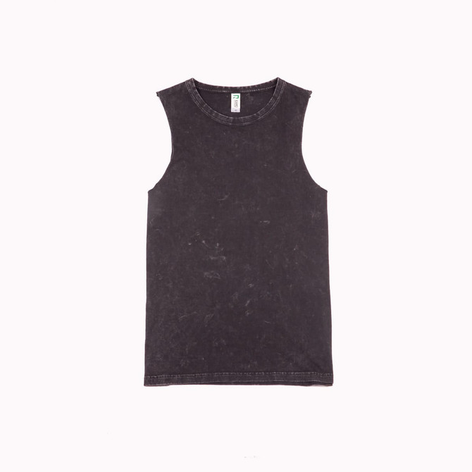 A black stone-washed tank top with a round neckline and sleeveless design, featuring a logo.