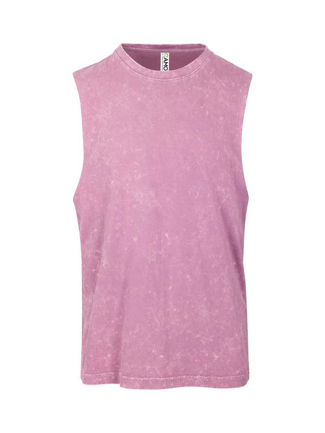 A light purple stone wash tank top with a sleeveless design and a standard crew neckline. It features a brand logo.