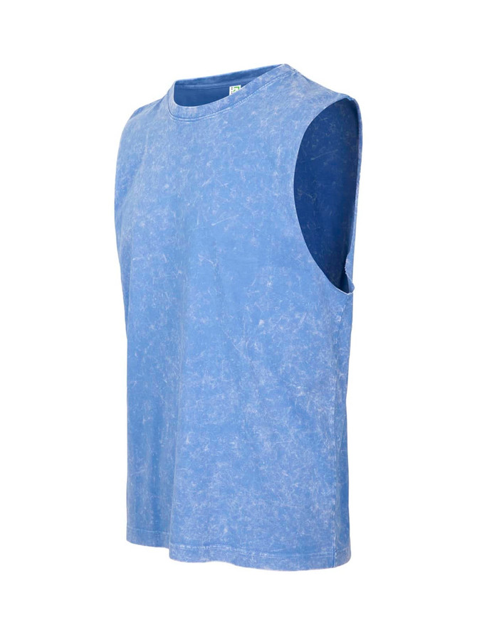 A blue stone wash tank top with a sleeveless design and a logo on the label.