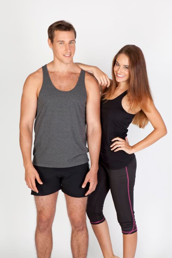 A grey men's T-back singlet is displayed on a male model alongside a female model in activewear.