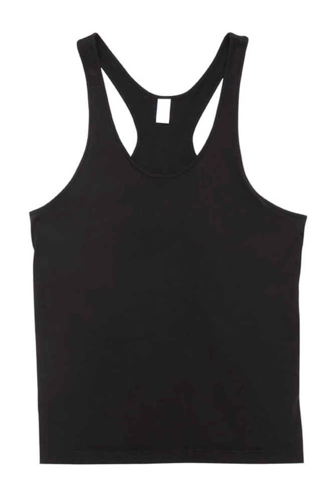 A black men’s T-back singlet with a racerback design and a blank tag. Simple and versatile style.