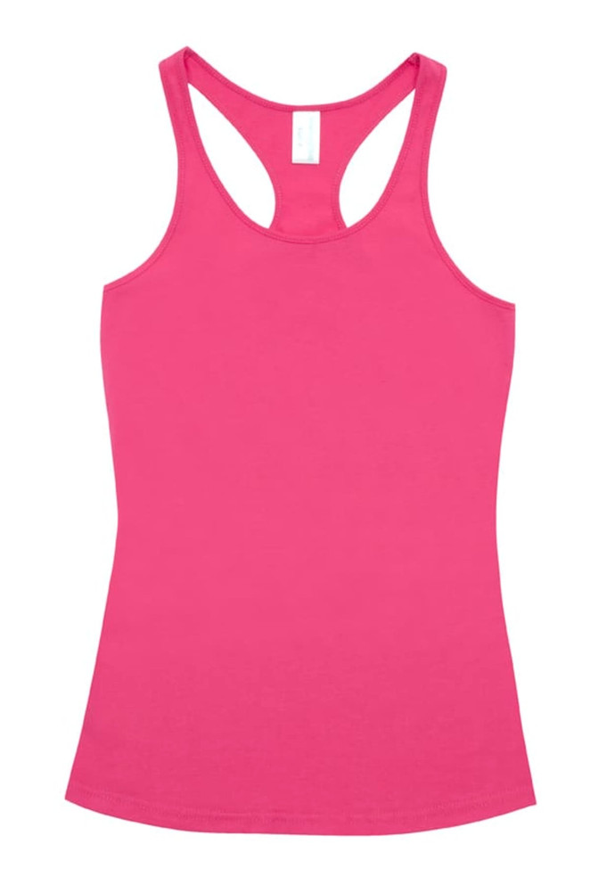 A pink women's T-back singlet with a sleek design and a branding label at the neckline.