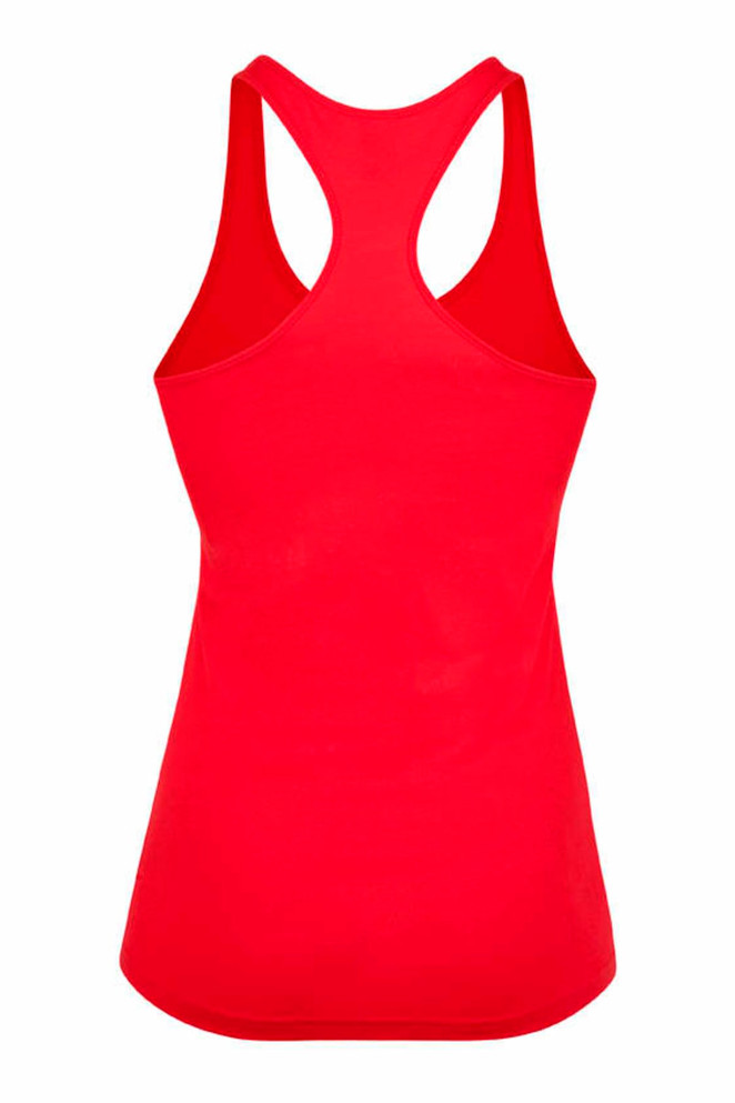 A red kids' T-back singlet featuring a racerback design and a plain back. Includes a logo.